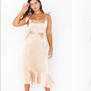 Show Me Your MuMu “Claire Midi Dress” in Champagne Liz Satin